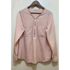 Calvin Klein Womens Top Size L Roll Tab Long Sleeve 1/2 Zip Silky Office Teacher